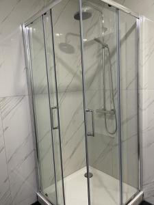 a shower with a glass door in a bathroom at 2 Zimmer wohnung zur tägliche Miete in Hechingen