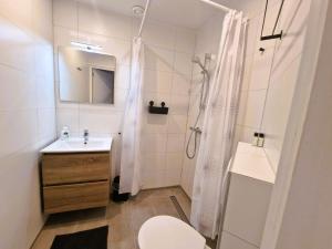 een badkamer met een douche, een wastafel en een toilet bij Staying-Inn Enschede in Enschede
