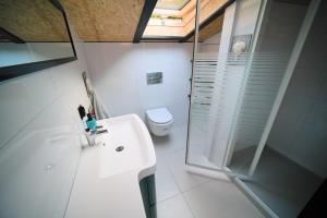 a bathroom with a shower and a sink and a toilet at Dom na plaży in Mrągowo