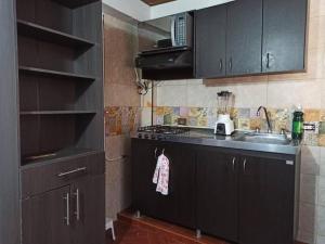 una pequeña cocina con armarios negros y fregadero en Aparta Suite Torre De Prado 305, en Medellín