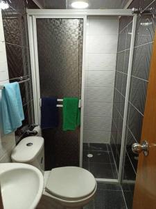 y baño con ducha, aseo y lavamanos. en Aparta Suite Torre De Prado 305, en Medellín