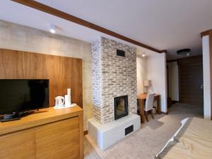 a living room with a fireplace and a television at Apartman Lukas privatni app u sklopu aparthotela Vučko in Jahorina