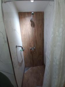 y baño con ducha y puerta de madera. en Torre Imperial Buenos Aires en Buenos Aires