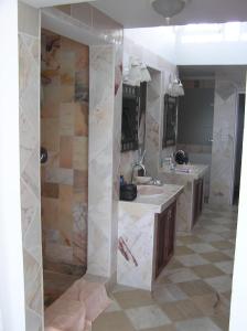 a bathroom with a shower and a sink and a mirror at Villa LAGUNA in Lowlands