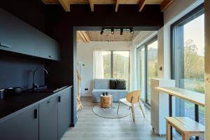 a kitchen and living room with a couch and a table at Baza UDana in Janowice Wielkie