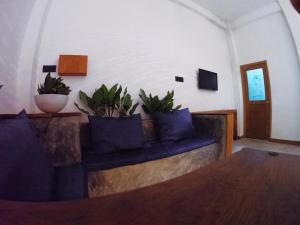 ein Wohnzimmer mit einem Sofa und Topfpflanzen in der Unterkunft sahasna (one bedroom private villa) in Unawatuna