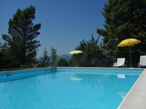 a swimming pool with two chairs and two umbrellas at Agriturismo Monterosello in Città di Castello