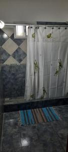 a room with a shower curtain with green birds on it at Casa Los Zorzales in San Pedro +4 photos