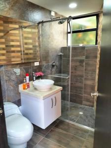 a bathroom with a toilet and a sink and a shower at Hermoso apartamento con vista al lago in Paipa