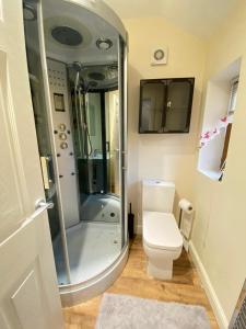 uma casa de banho com um chuveiro e um WC. em Birdwell For Contractors 