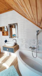 a bathroom with a tub and a sink and a mirror at Kuća za odmor Delak in Fužine