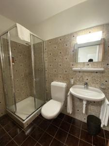 a bathroom with a shower and a toilet and a sink at Albergo Stazione in Roveredo +77 photos