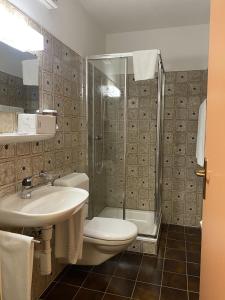 een badkamer met een wastafel, een toilet en een douche bij Albergo Stazione in Roveredo
