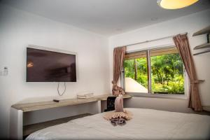 象島的住宿－Filou Studio Butterfly Pool Access 29 66，一间卧室设有一张床和一个大窗户
