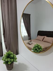 a mirror on a table with a bed and two plants at Aila Homestay Pendang in Pendang