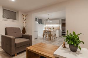 soggiorno e cucina con tavolo e sedia di Cozy Little Apartments a Ig