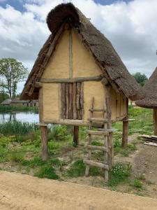 eine kleine Hütte mit einem Strohdach und einer Leiter in der Unterkunft Le Relais de la Fontaine & Jacuzzi in Montcornet