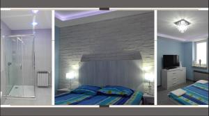three pictures of a bedroom with a bed and a bathroom at Noclegi i Restauracja Gracja in Bełchatów