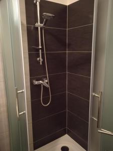 a bathroom with a shower with black tiles at soukromý apartmán Všemina in Slušovice