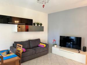 a living room with a couch and a flat screen tv at Bnbook-Casa Andrea in Cardano al Campo