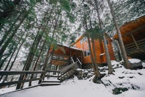 una cabaña de madera en el bosque en la nieve en Motel Long Lake and Cottages, en Long Lake