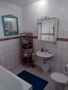 ein Badezimmer mit einem Waschbecken, einem WC und einem Spiegel in der Unterkunft Schöne Wohnung, direkt an der Weser, mit Kaminofen in Hessisch Oldendorf