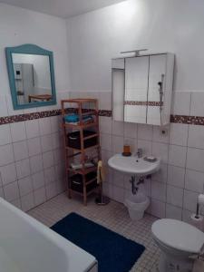 a bathroom with a sink and a toilet and a mirror at Ferienwohnung mit Weserblick und Kamin in Hessisch Oldendorf