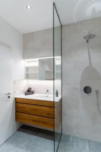 uma casa de banho com um lavatório e uma cabina de duche em vidro. em Handmade I Modern I Luxury I Kitchen I Home Office I Netflix em Holzgerlingen