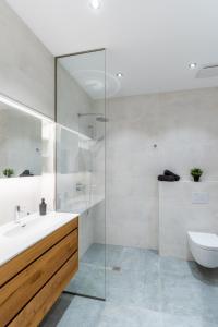 uma casa de banho com um lavatório, um chuveiro e um WC. em Handmade I Modern I Luxury I Kitchen I Home Office I Netflix em Holzgerlingen