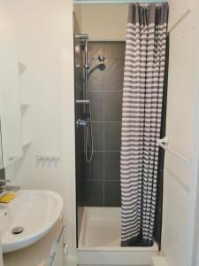 y baño con ducha y lavamanos. en VITTEL LOC'S - LE 216, classé 3 étoiles proche des Thermes et tous commerces, en Vittel