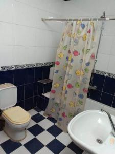 a bathroom with a toilet and a sink and a shower curtain at Zekry nubian guest house in Aswan