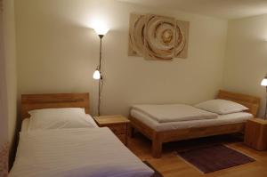een slaapkamer met 2 bedden en een lamp bij Appartement Fleischmann in Kirchröttenbach