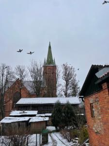 an old building with a clock tower and birds flying overhead at KurBrauksim Goldingen Apartments in Kuldīga