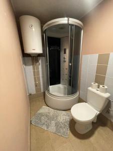 een badkamer met een wit toilet en een douche bij KurBrauksim Goldingen Apartments in Kuldīga