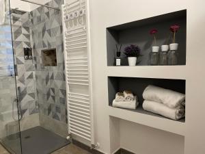 a bathroom with a shower and a glass shower stall at HappyHome Bilocale centro storico Rivarolo Canavese in Rivarolo Canavese