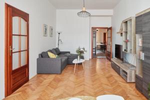 uma sala de estar com um sofá e uma televisão em Spacious Apartment in Karlín by Prague Days em Praga