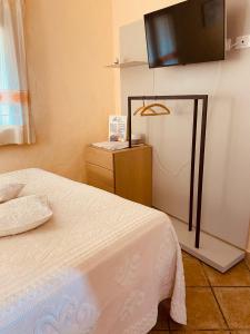 a bedroom with a bed and a flat screen tv at Il Nuraghe del lago Coghinas in Oschiri