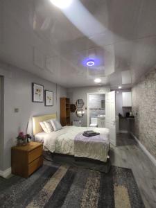 1 dormitorio con 1 cama grande y luz azul en Private bedroom near NEC, Birmingham airport,city centre en Birmingham