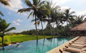 a swimming pool with palm trees and a lawn at Mathis Retreat Ubud in Ubud