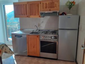 a kitchen with a stove and a refrigerator at Vacanzemoena - Casa al Parco, tipologia 2 in Moena