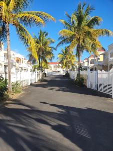 a street with palm trees and a white fence at Lacase Silverpalm in Pereybere