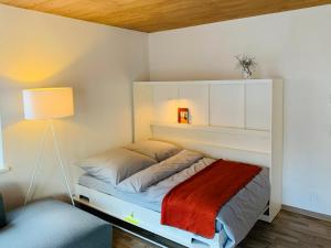 een slaapkamer met een bed met een wit hoofdeinde en een lamp bij Dorf(er)leben Ferienwohnung im Kleinwalsertal in Mittelberg