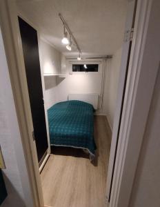 Un pequeño dormitorio con una cama verde en una habitación en Louisiana Rent, en Espergærde