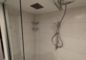 a shower stall with a shower head in a bathroom at Louisiana Rent in Espergærde