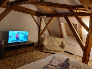 1 dormitorio con 1 cama y TV en una habitación en Majerovský kaštieľ, en Vranov nad Topľou