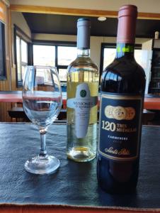 トーレス・デル・パイネにあるGoiien Houseのワイン2本、テーブルの上にグラス1杯