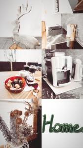 a collage of pictures of a kitchen with a stove and a counter top at Haus Laubreuter in Kaprun