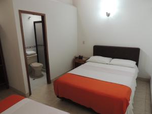 um quarto com uma cama e uma casa de banho com um espelho. em Hotel Real em Ocaña