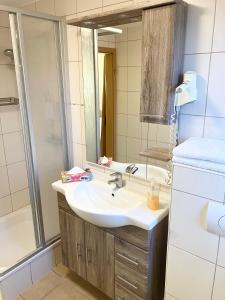 a bathroom with a sink and a shower and a mirror at Pension Sonja Müller in Nohra