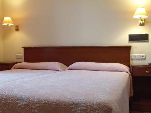 a bedroom with a bed with two pink pillows at Hotel Capital de Galicia in Santiago de Compostela